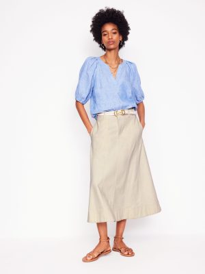 Panelled Full Denim Skirt-Ecru