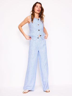 Dulwich Linen Trousers-Kingfisher Blue Fine Stripe