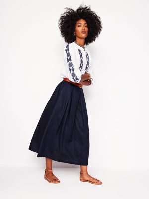 Verity Linen Midi Skirt-Navy