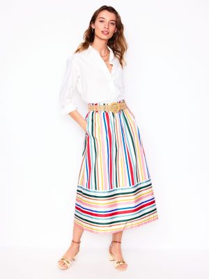 Tie Belt Sateen Midi Skirt-Ivory Varigated Rainbow Stripe