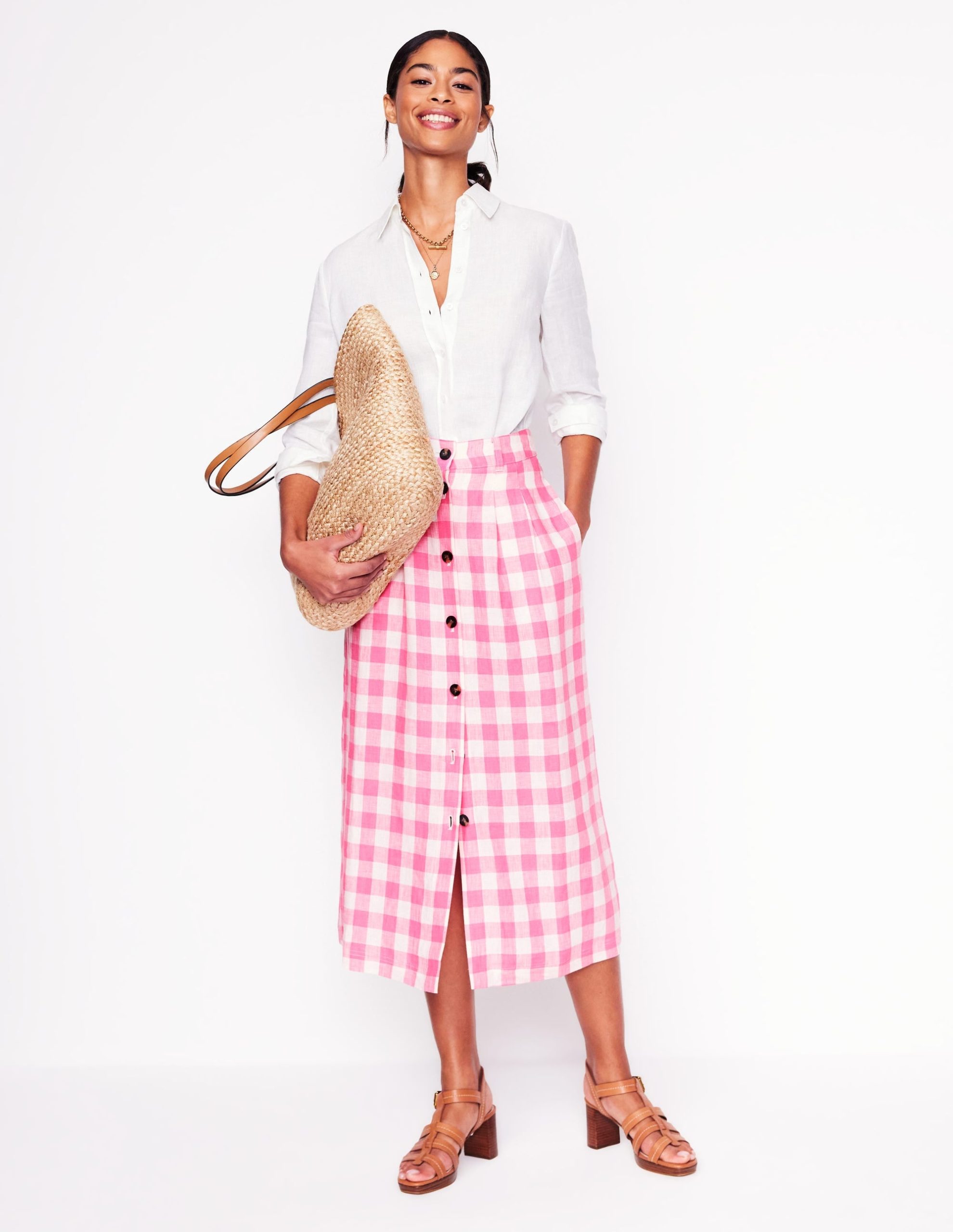 Thomasina Linen Midi Skirt-Pink Gingham