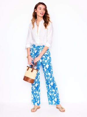 Belted Linen Trousers-Cerulean Blue. Paisley Whirl