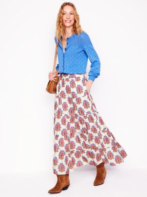 Nadia Poplin Maxi Skirt-Ivory. Wildflower Stamp
