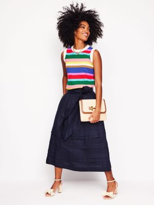 Pintuck Linen Midi Skirt-Navy