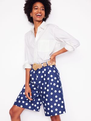Pleat Linen Wide Leg Shorts-Navy Painted Dot