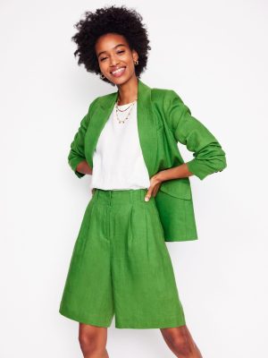 Pleat Linen Wide Leg Shorts-Green