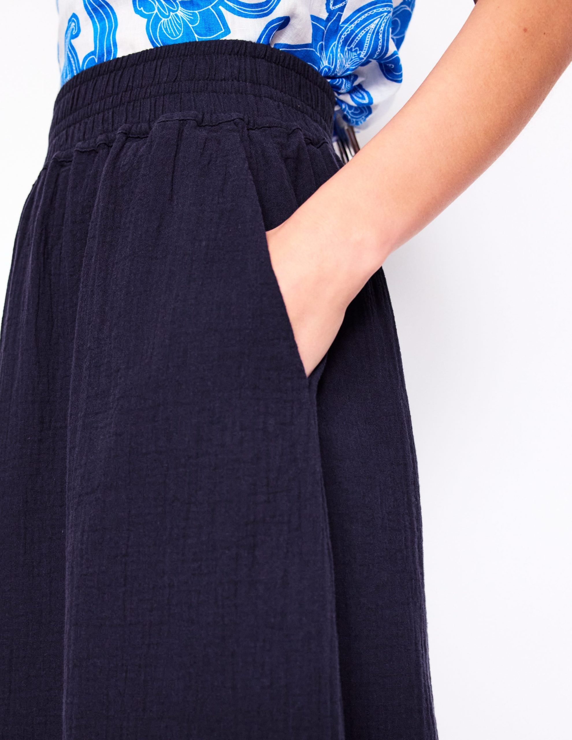 Double Cloth Smocked Skirt-Navy - Image 2