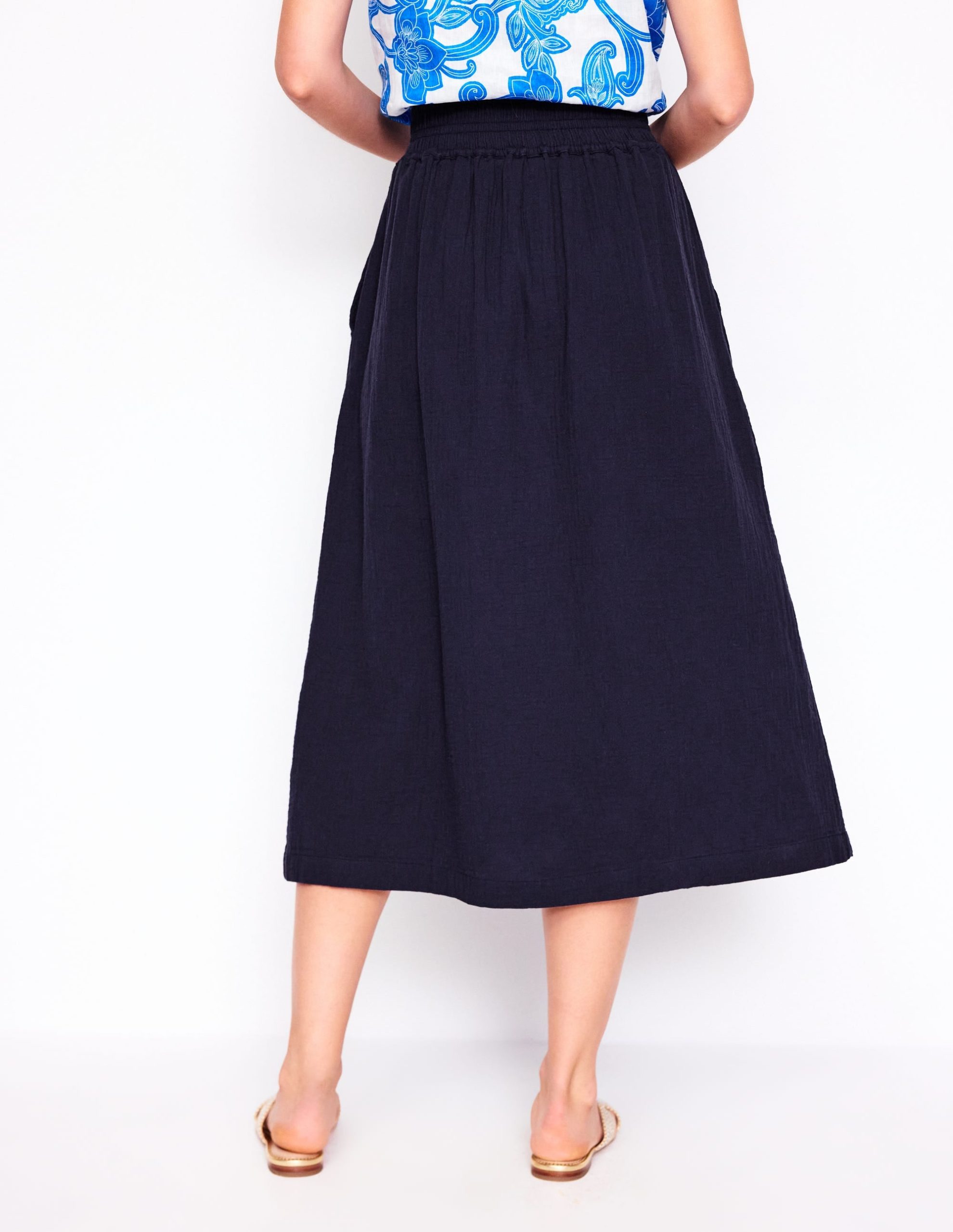 Double Cloth Smocked Skirt-Navy - Image 3