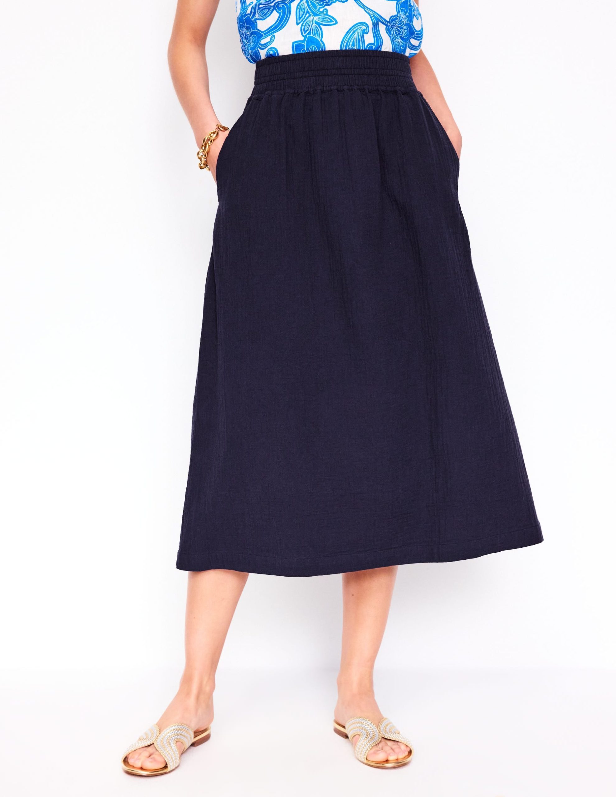 Double Cloth Smocked Skirt-Navy - Image 4