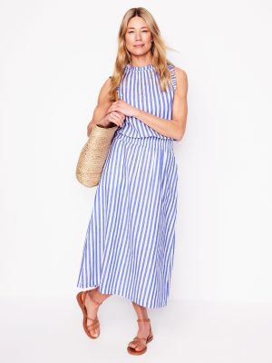 Double Cloth Smocked Skirt-Bright Blue Stripe