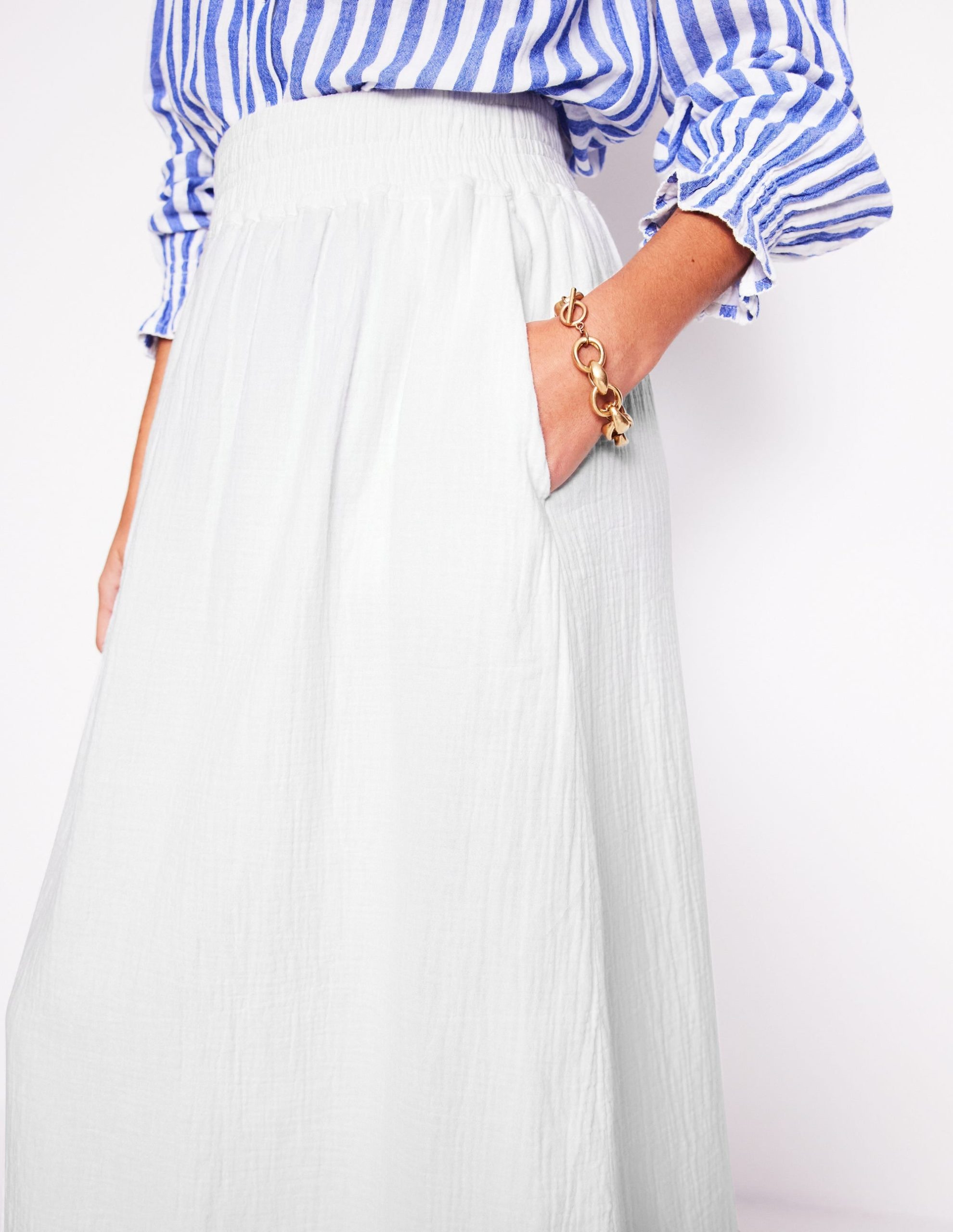 Double Cloth Smocked Skirt-White - Image 2