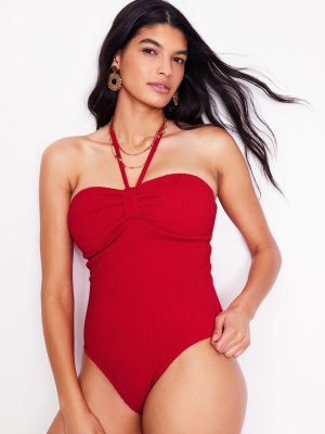 Crinkle Texture Swimsuit-Tulip Red