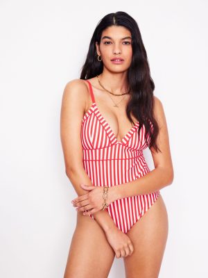 Kasos String V Neck Swimsuit-Coral Punch/ Ivory Stripe