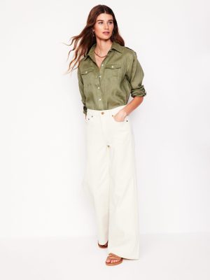 Longline Linen Safari Shirt-Larch Green