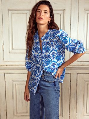 Alicia Linen Top-Blue. Ornamental Floral