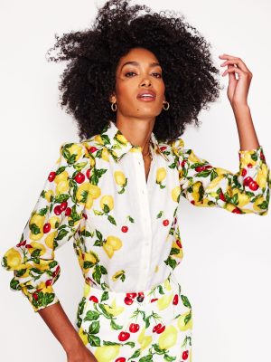 Placement Print Linen Shirt-Ivory. Cherries and Lemons