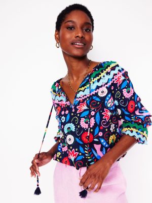 Smocked Cotton Blouse-French Navy. Decorative Garden