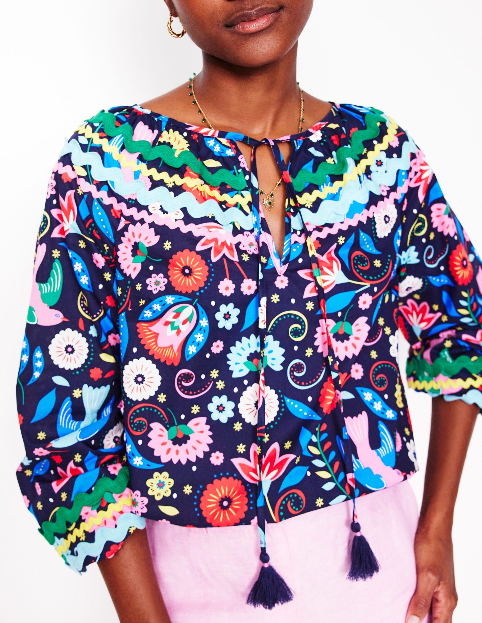 Smocked Cotton Blouse-French Navy. Decorative Garden - Image 2