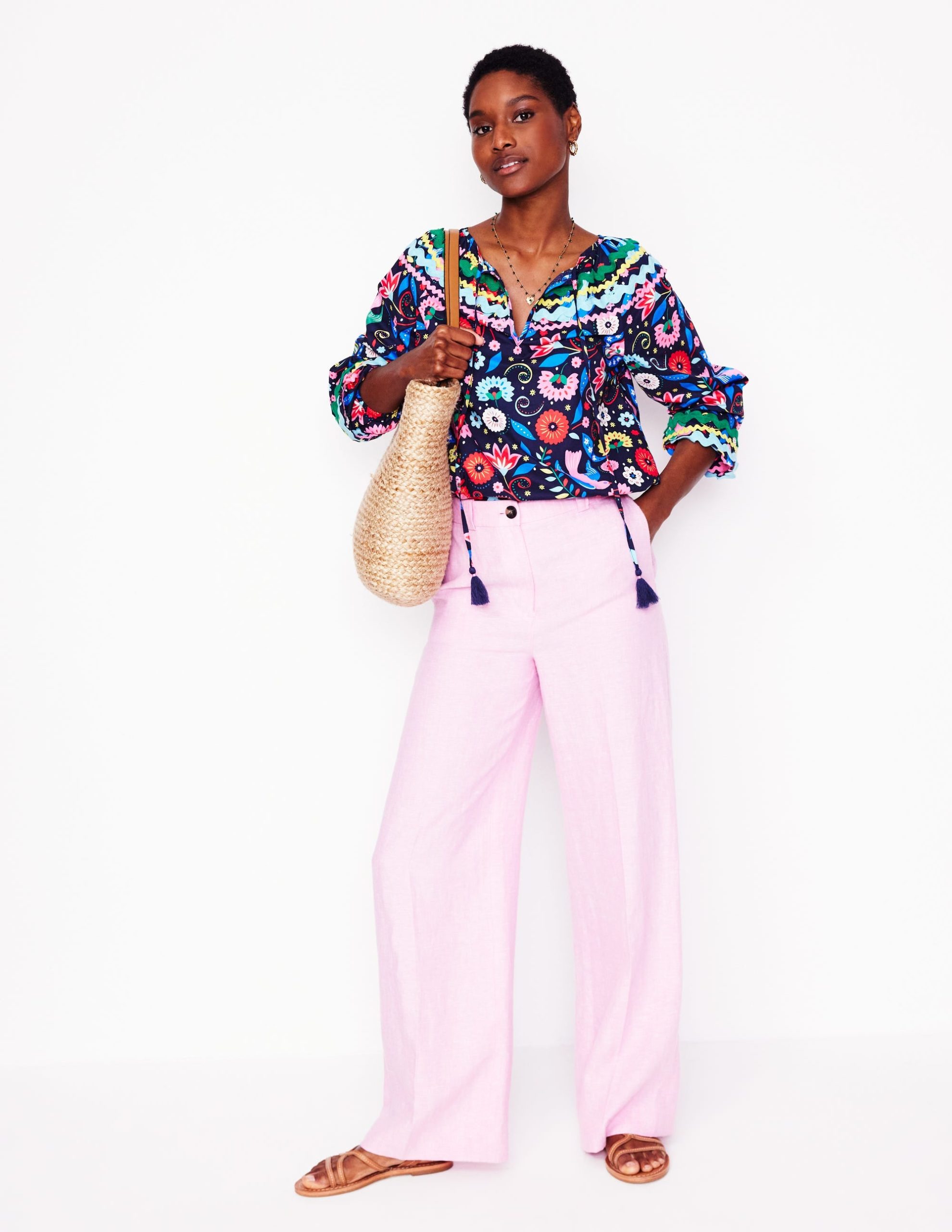 Smocked Cotton Blouse-French Navy. Decorative Garden - Image 3