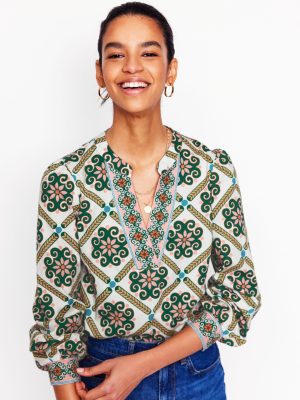 Cotton Notch Neck Top-Ivory. Baroque Tile