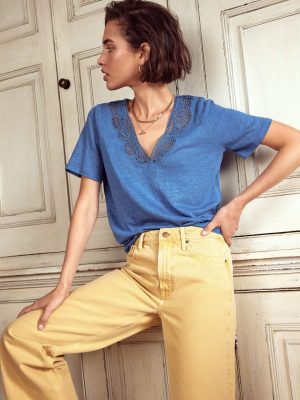 Lace Trim Linen T-shirt-Blue River