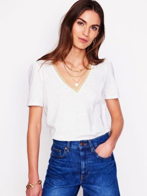 Metallic Trim V Neck T-shirt-White