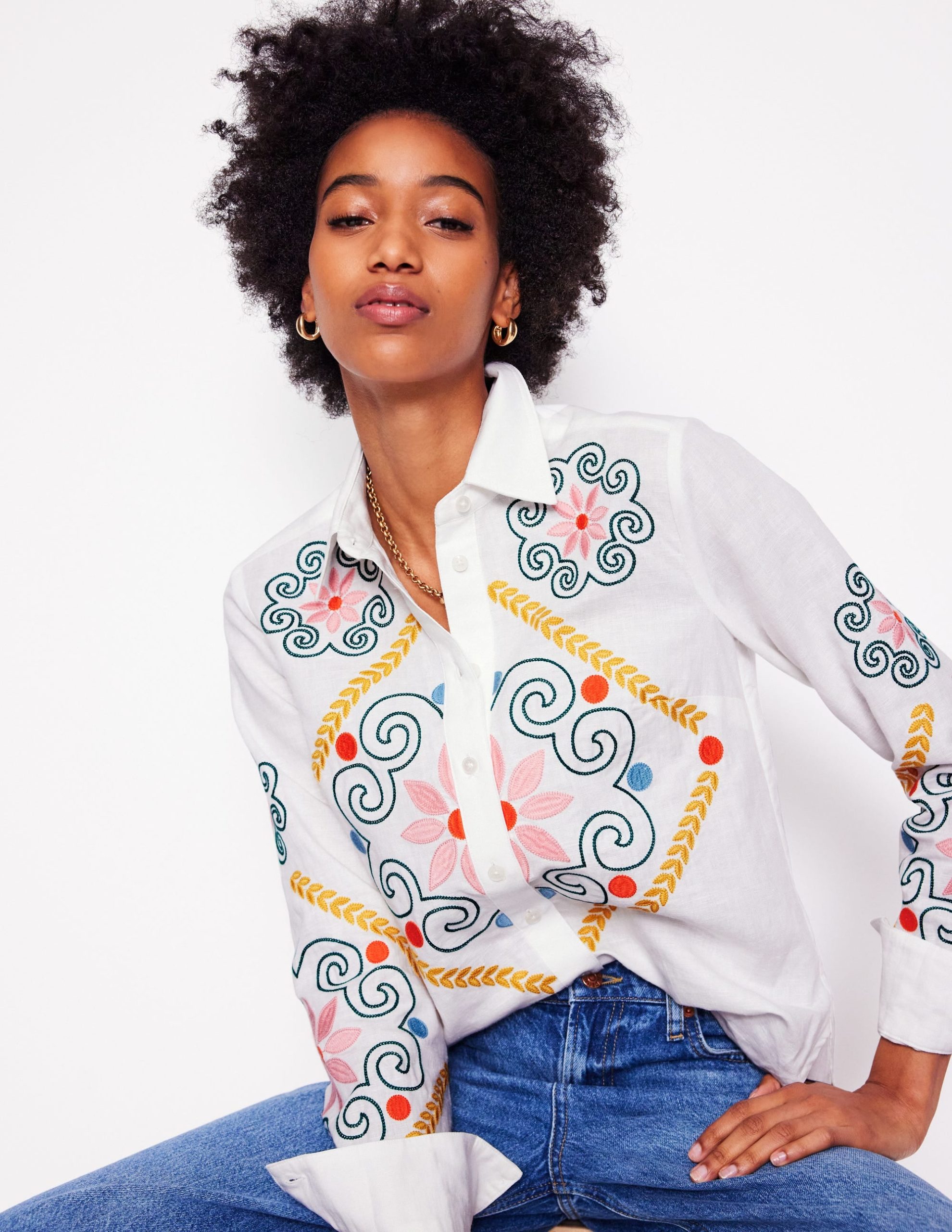 Sienna Embroidered Linen Shirt-White - Image 3