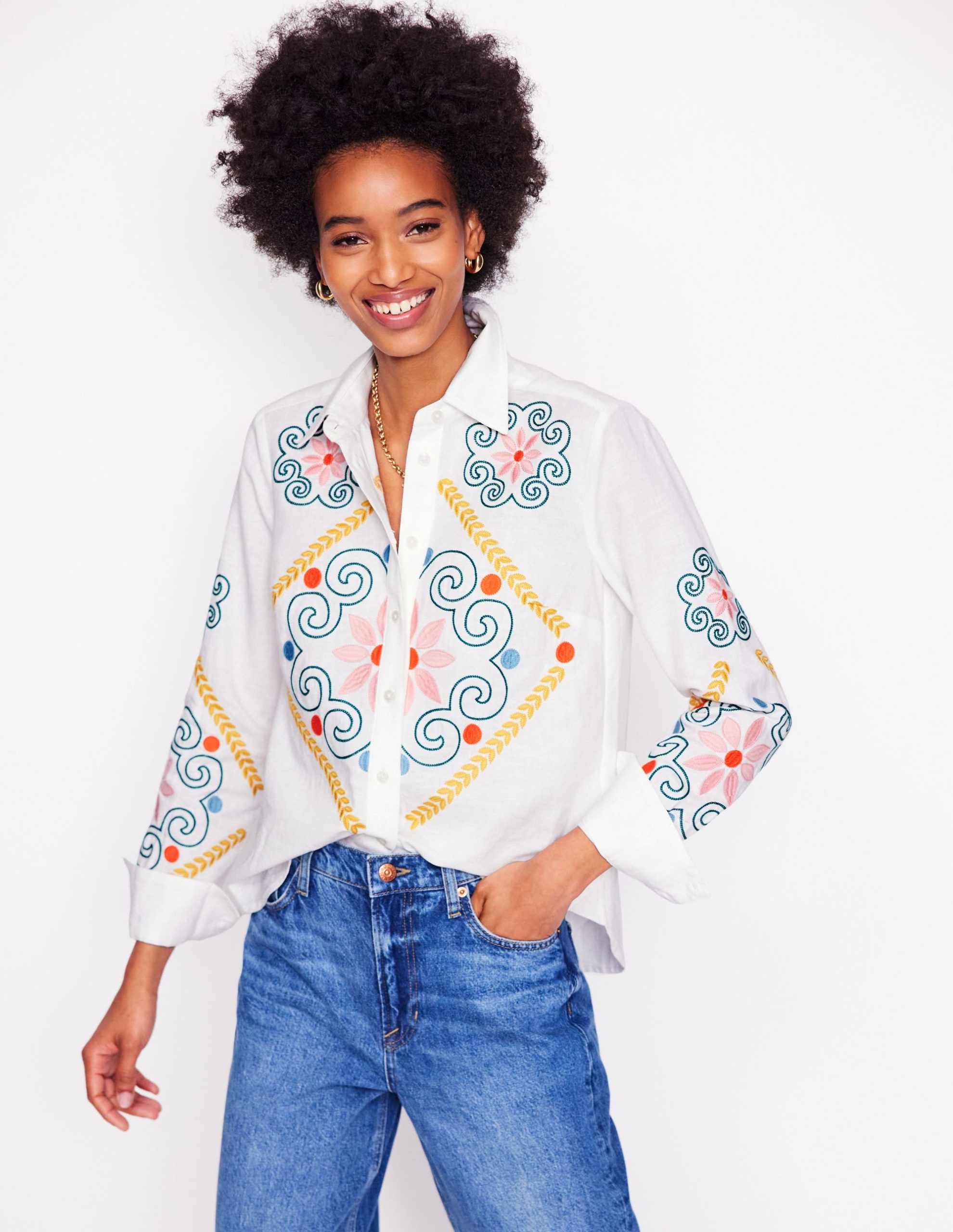 Sienna Embroidered Linen Shirt-White - Image 6