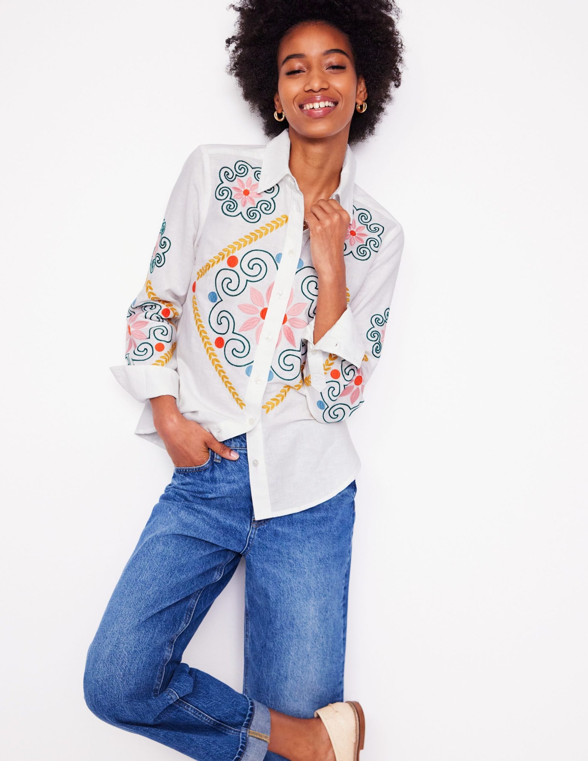 Sienna Embroidered Linen Shirt-White - Image 7