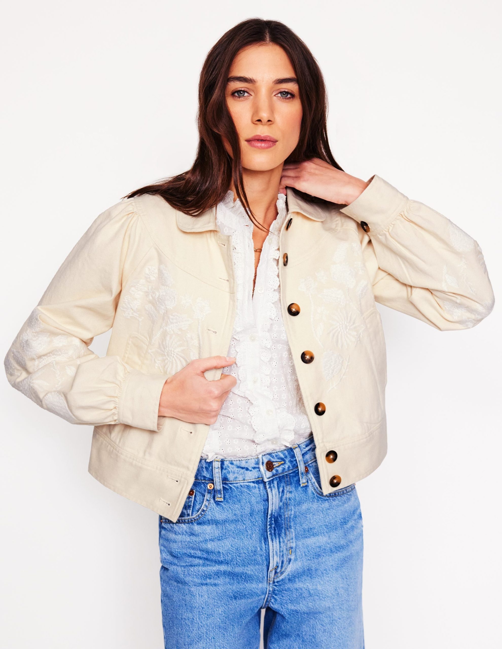 Collared Embroidered Jacket-Ivory. Embroidery