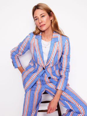 Stamford Linen Blazer-Peacock Plume. Red Stripe