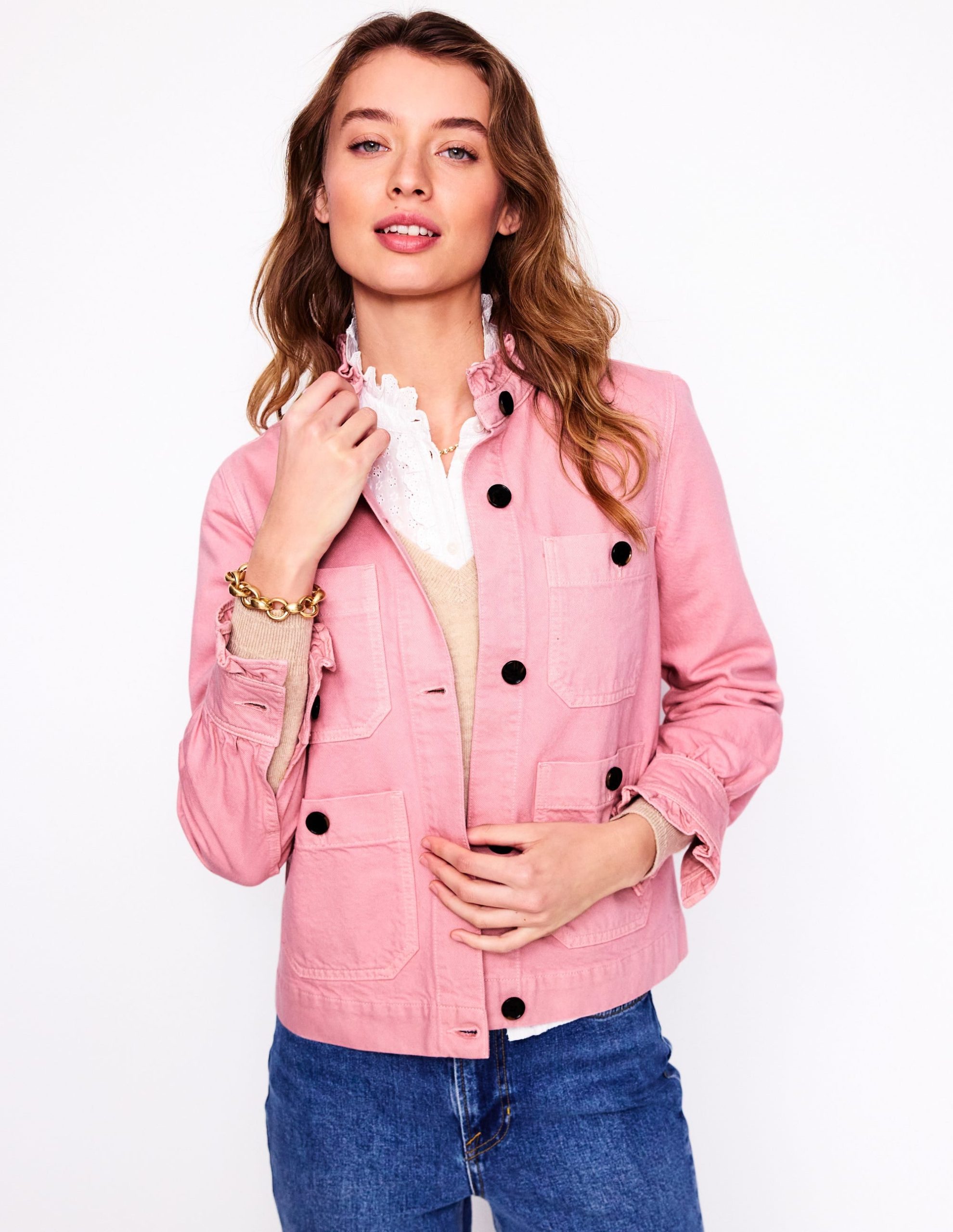 Denim Frill Collar Jacket-Almond Pink - Image 4