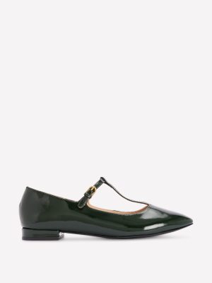 Round Toe T-Bar Flats-Green Patent