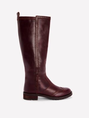Brogue Detail Knee Boots-Oxblood