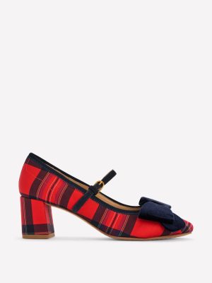 Embellished Bow Block Heels-Red Tartan