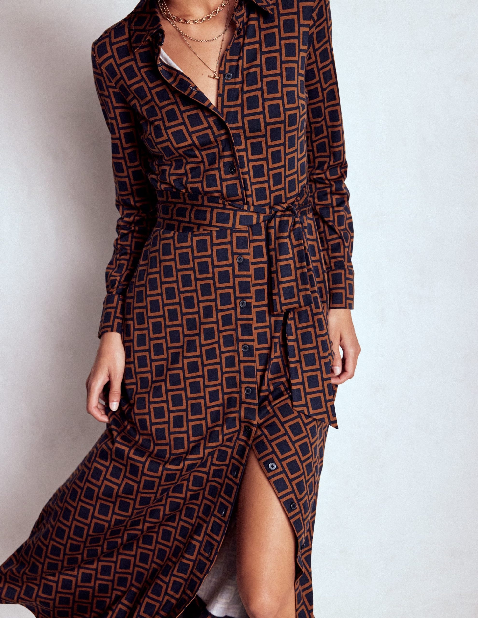 Marcia Jersey Shirt Dress-French Navy. Square Geometric - Image 2