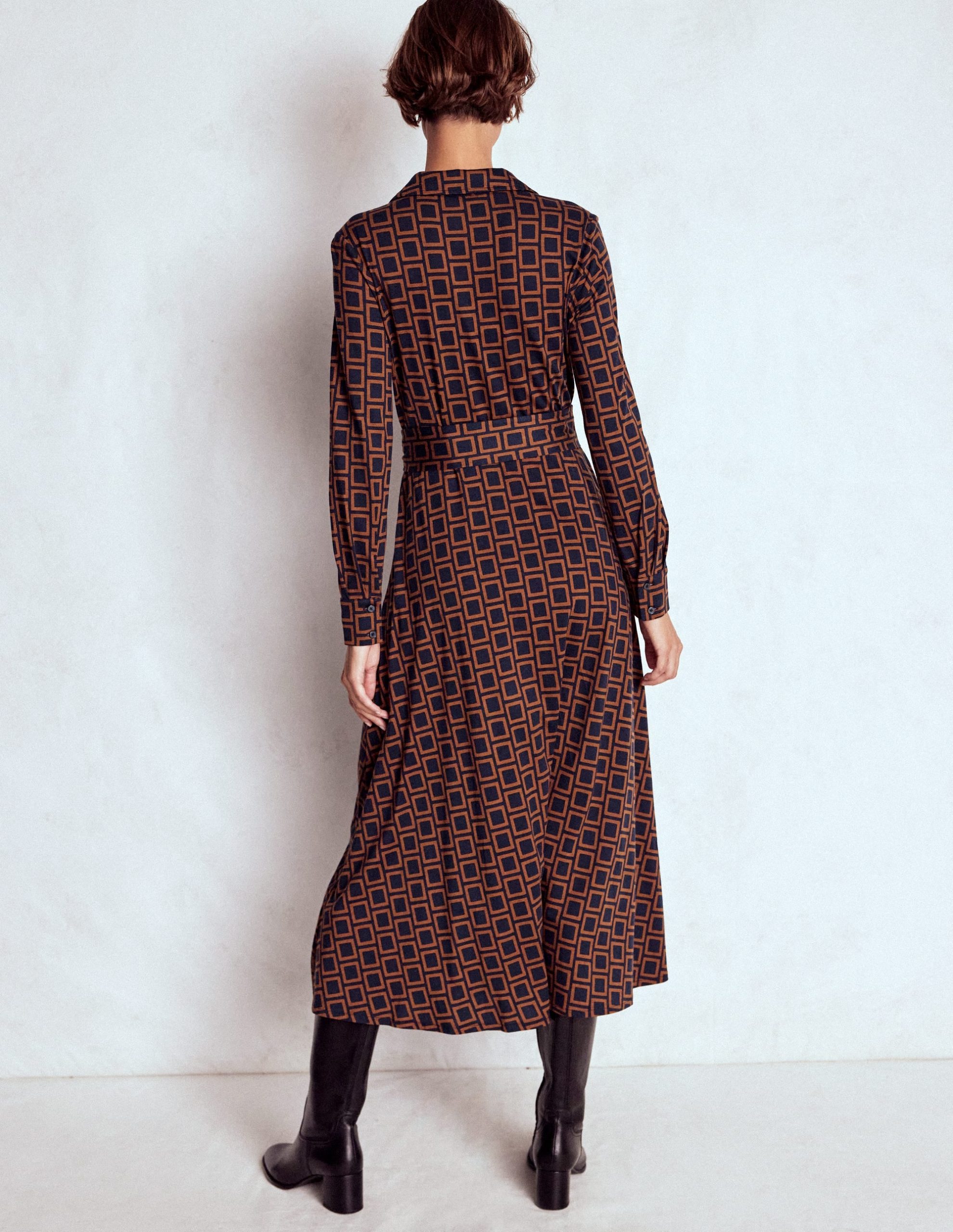 Marcia Jersey Shirt Dress-French Navy. Square Geometric - Image 3