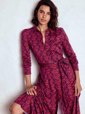 Marcia Jersey Shirt Dress-Burgundy Red. Swooping Swallow