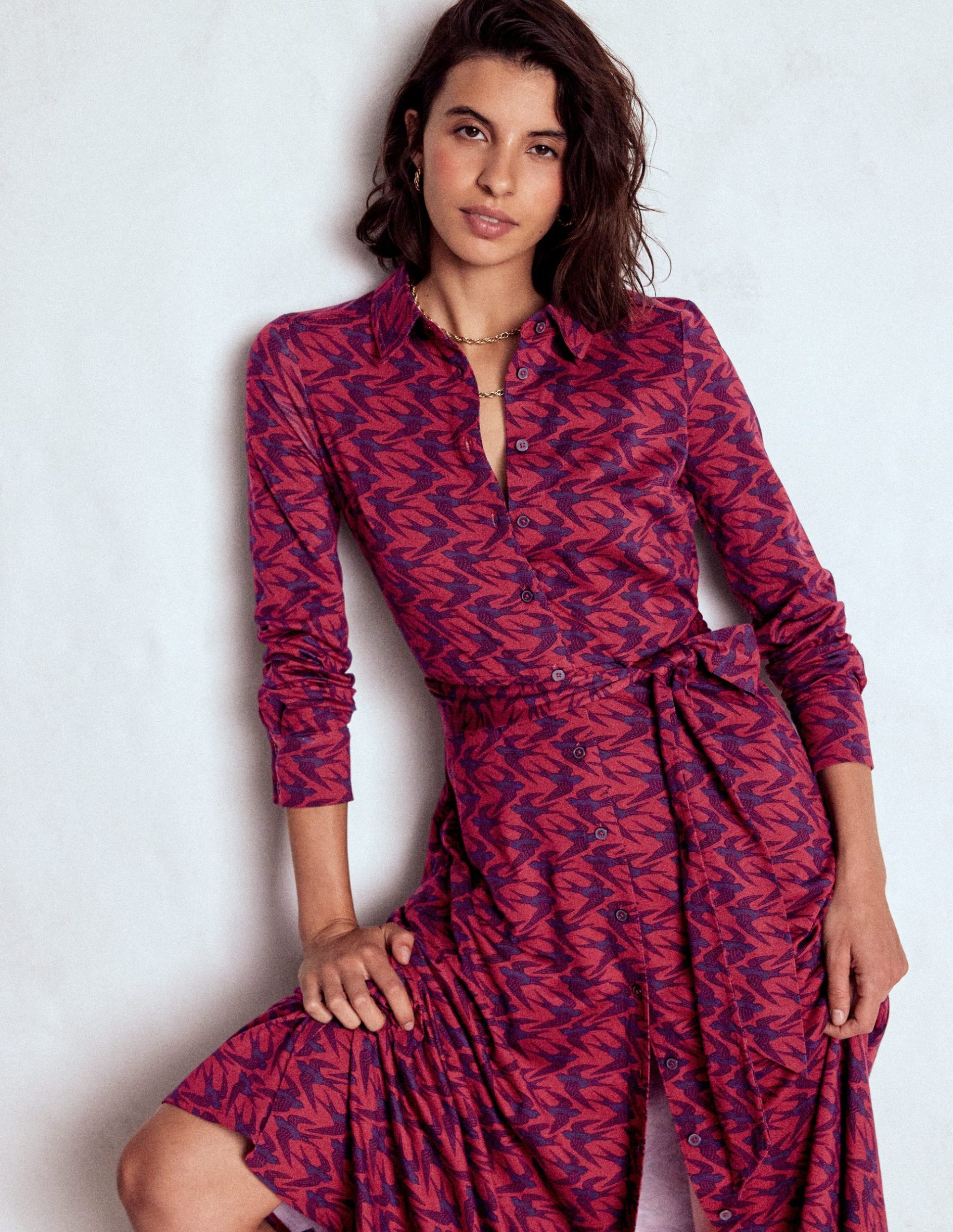 Marcia Jersey Shirt Dress-Burgundy Red. Swooping Swallow