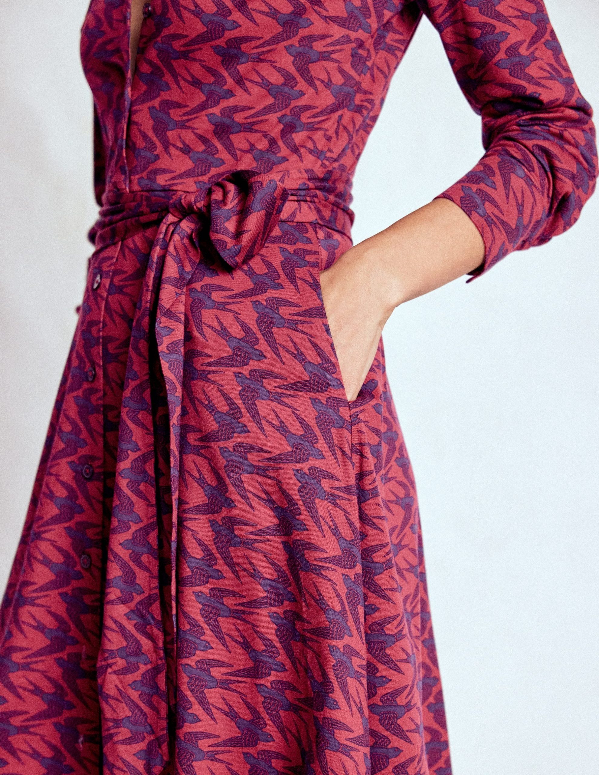Marcia Jersey Shirt Dress-Burgundy Red. Swooping Swallow - Image 2