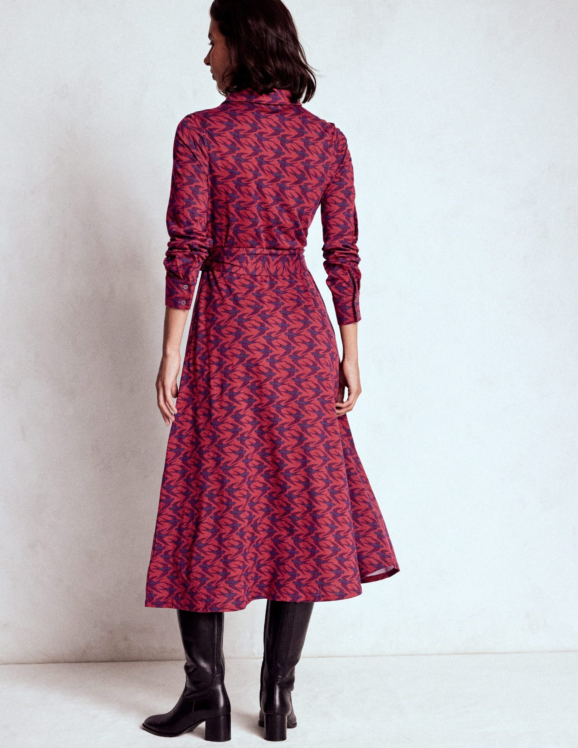 Marcia Jersey Shirt Dress-Burgundy Red. Swooping Swallow - Image 3