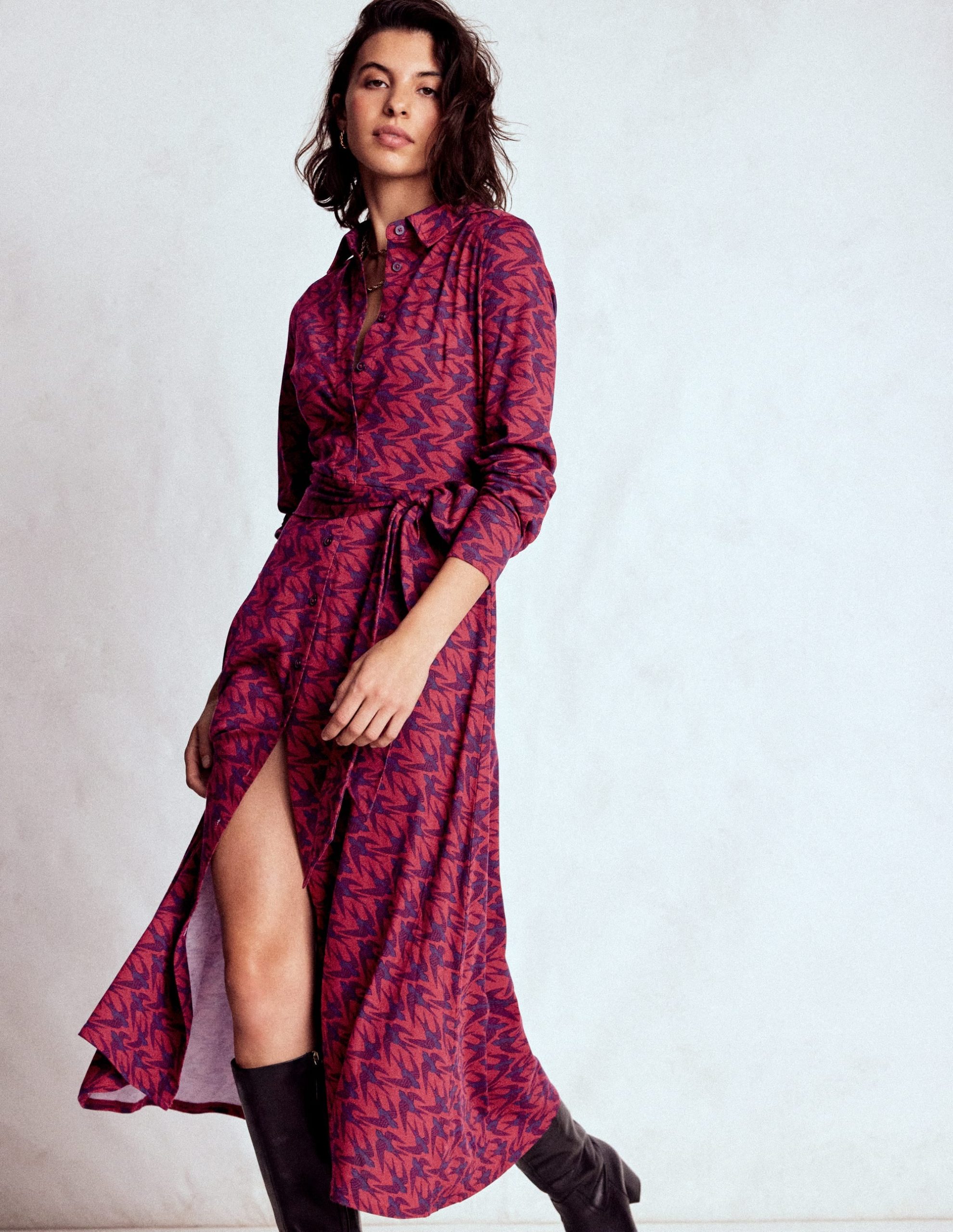Marcia Jersey Shirt Dress-Burgundy Red. Swooping Swallow - Image 4