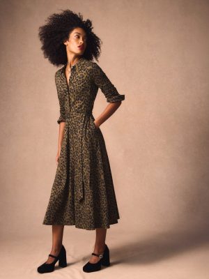 Marcia Jersey Shirt Dress-Military Olive. Brushed Animal