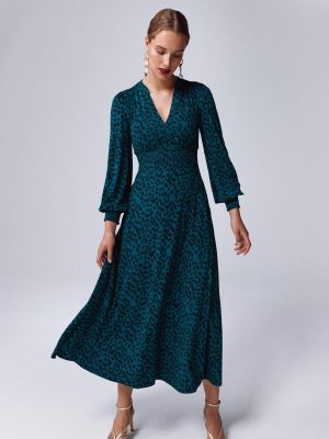 Ivy Smocked Midi Dress-Moonlit Ocean. Brushed Animal