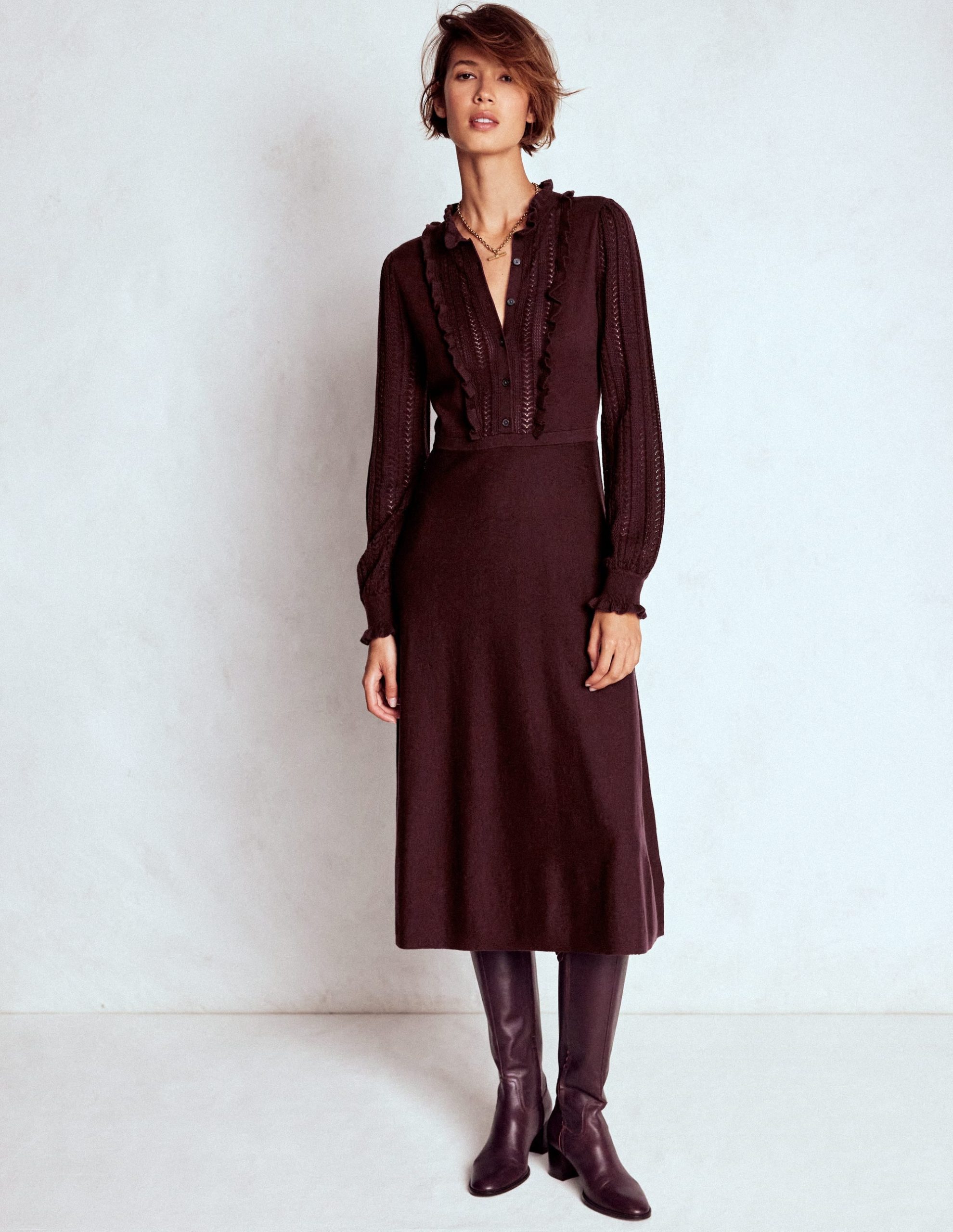 Winifred Frilled Knitted Dress-Coffee Bean