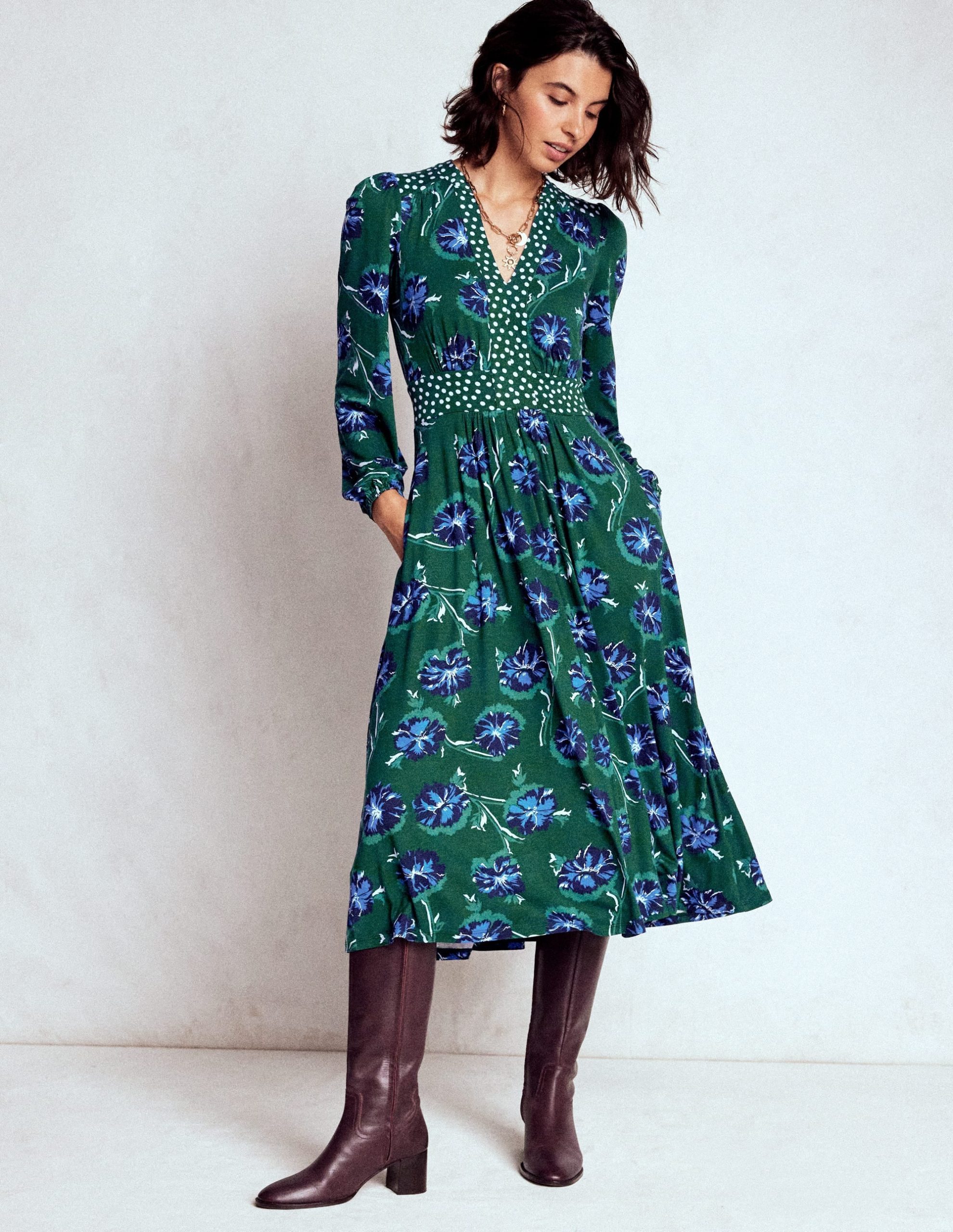 Lily Long Sleeve Midi Dress-Emerald. Delicate Carnation - Image 4