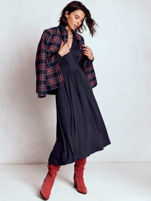 Lily Long Sleeve Midi Dress-Navy