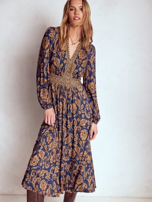 Lily Long Sleeve Midi Dress-French Navy. Ornate Flora