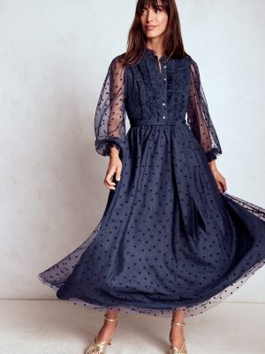 Tulle Ruffle Maxi Dress-Navy