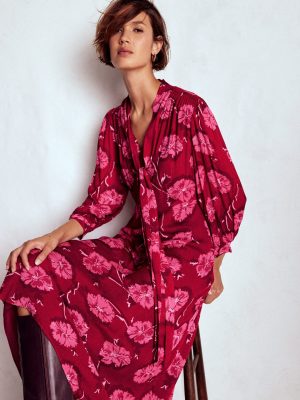 Brooke Tie Neck Tea Dress-Cranberry Red. Delicate Vine